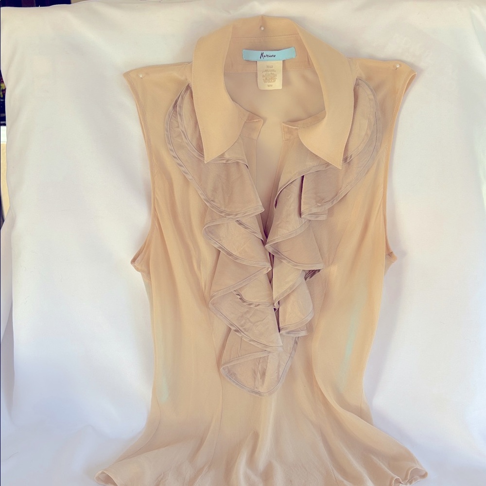 Marciano Gently Worn Beautiful Elegant Beige Ruffled Sleeveless Top -Medium - Picture 4 of 9